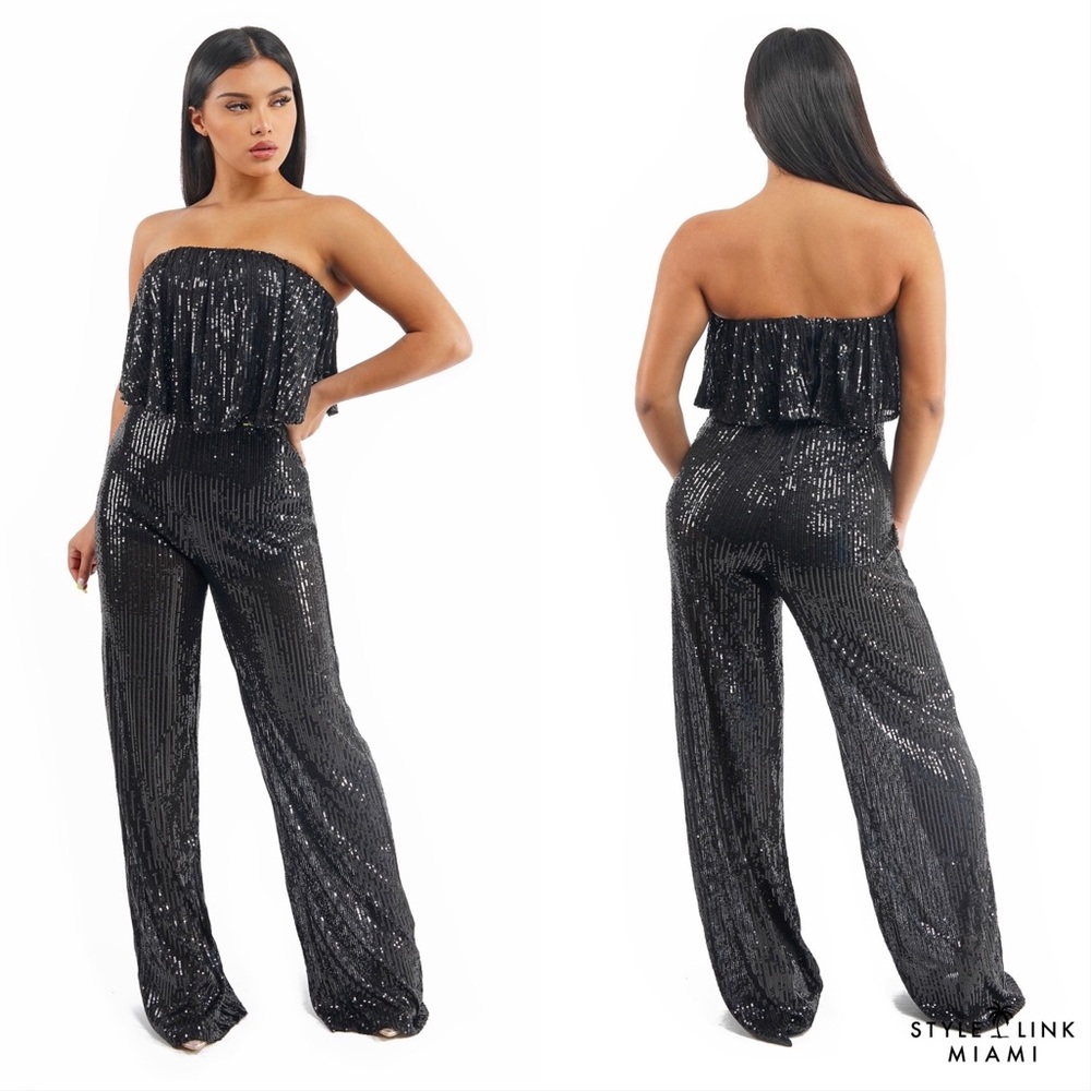 Black Sequin Strapless Wide Leg Jumpsuit